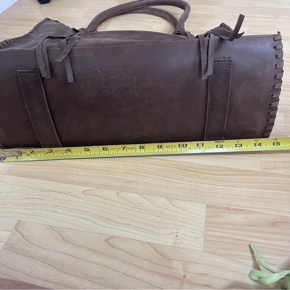 TAJU Large Leather Handmade Tote Vintage Brown with Hair on hide and fringe. - Picture 6 of 14